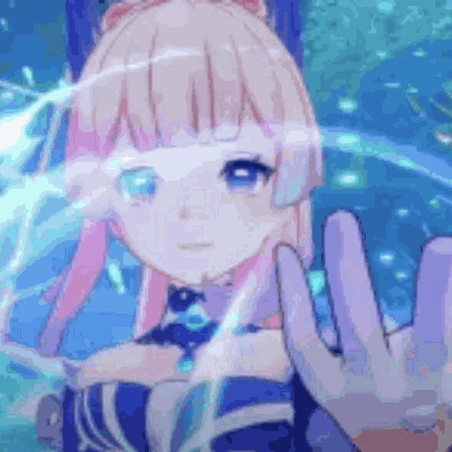 a close up of a person 's hand reaching out towards a girl in a video game .