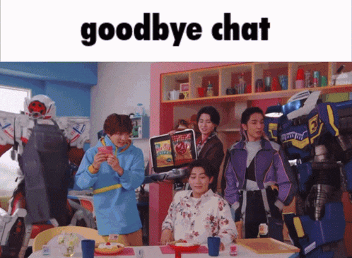 a group of people are gathered around a table with the words goodbye chat written above them