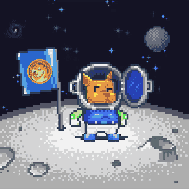 a pixel art of a doge on the moon holding a flag