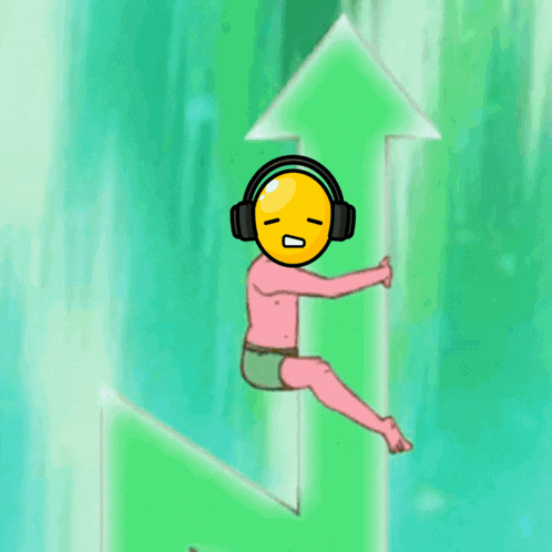 a cartoon character wearing headphones is sitting on a green arrow pointing up