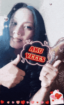 a woman giving a thumbs up with a speech bubble that says aku yees