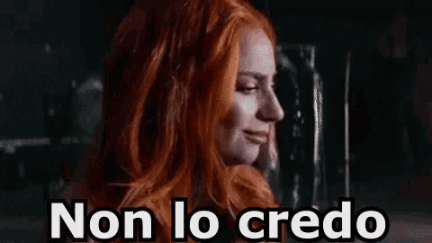 a woman with red hair is covering her face with her hands and the words `` non lo credo '' written above her .