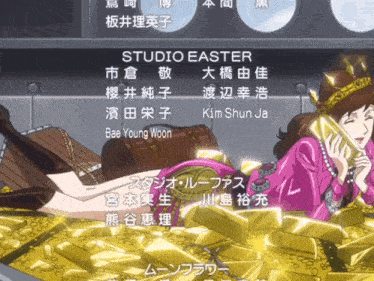 a woman laying on a pile of gold bars with the name studio easter on the top