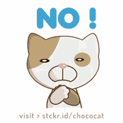 a brown and white cat says no with a blue sticker