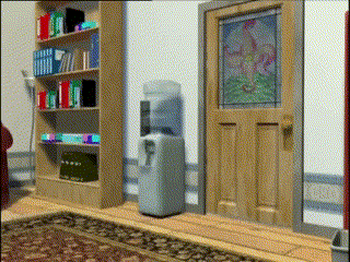 a water cooler sits in a room next to a bookshelf
