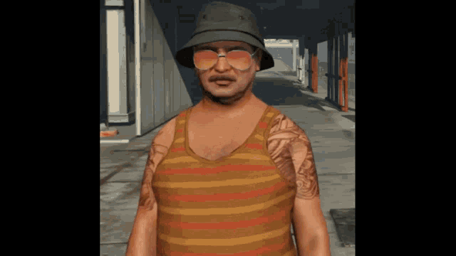 a man wearing a hat and sunglasses is walking down a sidewalk