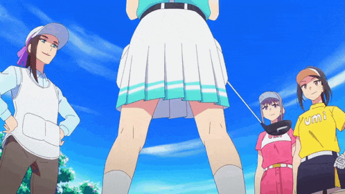 a girl in a skirt is holding a golf club and wearing a shirt that says yumi