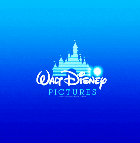 a blue walt disney pictures logo with a castle on it