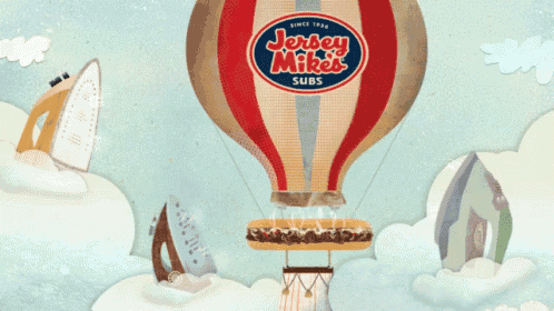 a hot air balloon with a jersey mikes subs logo on it