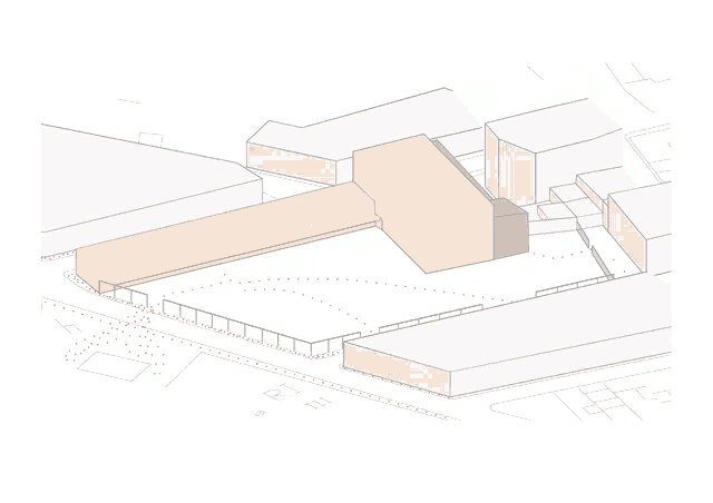 an architectural drawing of a building with a red building in the middle