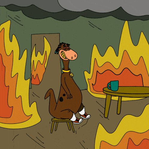 a cartoon of a dinosaur sitting on a stool in front of flames