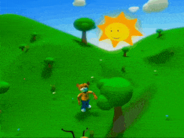 a cartoon scene with a smiling sun and trees in the background