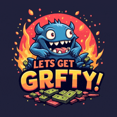 a cartoon monster says let 's get grfty while holding stacks of money