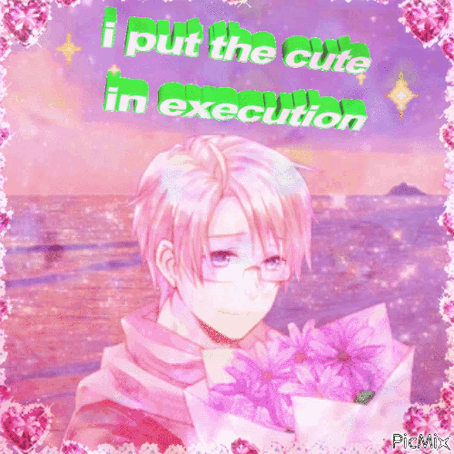 a cartoon of a boy holding a bouquet of flowers with the words i put the cute in execution