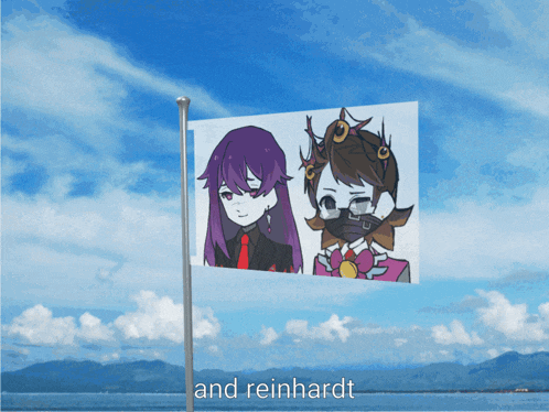 a flag with a picture of a man and a woman and the words and reinhardt below it