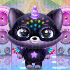 a cartoon cat with a unicorn horn and wings is standing in front of a rainbow background .