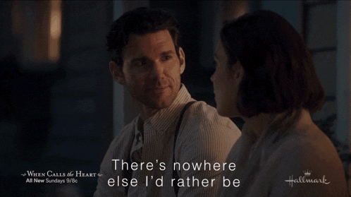 a hallmark ad for when calls the heart shows a man and a woman
