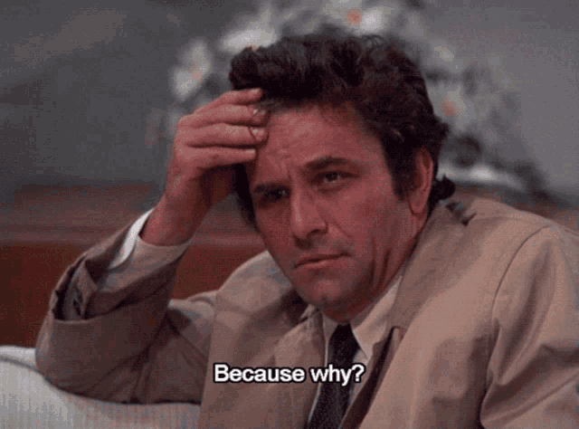 a man in a suit and tie holds his hand to his head and says " because why "