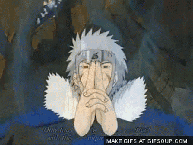 a gif of a naruto character with his hands folded in front of his face