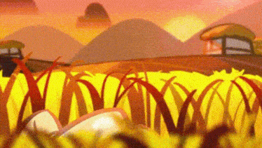 a cartoon illustration of a field with a sunset in the background