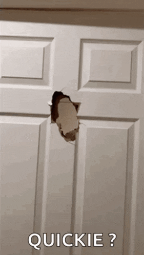 a door with a hole in it and the words quickie written on it .