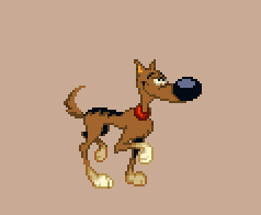 a pixel art drawing of a dog with a blue ball in its mouth