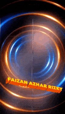 the name faizan azhar rizk is displayed on a blue and orange background