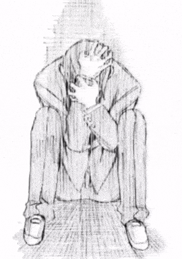 a black and white drawing of a man in a suit kneeling down with his head in his hands .