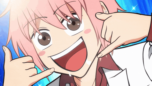 a cartoon of a girl with pink hair making a call me sign
