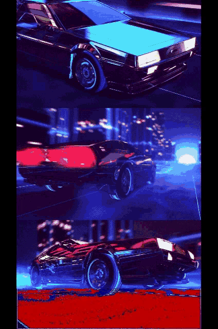 a black car is driving down a street with a red background