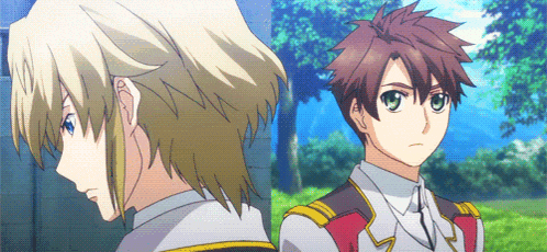 two anime characters are standing next to each other and looking at each other