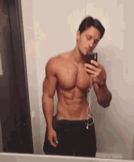 a shirtless man is taking a selfie in a mirror .