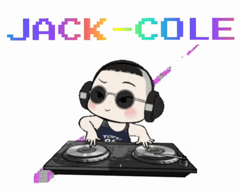 a cartoon of a boy wearing headphones and sunglasses playing music with the name jack-cole above him