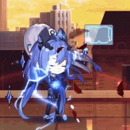 a girl with blue hair is standing on a balcony with a lightning bolt coming from her head