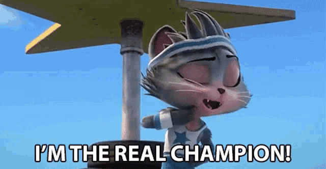 a cartoon cat says i 'm the real champion while wearing a headband