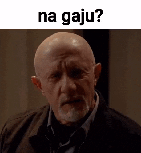 a bald man with a beard is making a funny face with the words `` na gaju '' above him .