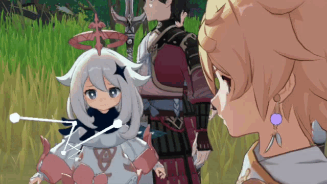 a couple of anime characters standing in a field with a sword