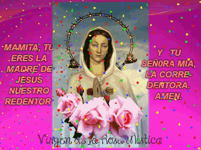 a purple poster with a picture of a woman and the words " mamita tu eres la madre de jesus " on it