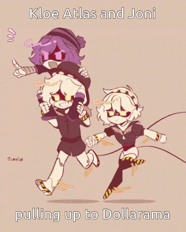 a cartoon of kloe atlas and joni pulling up to dollarsama