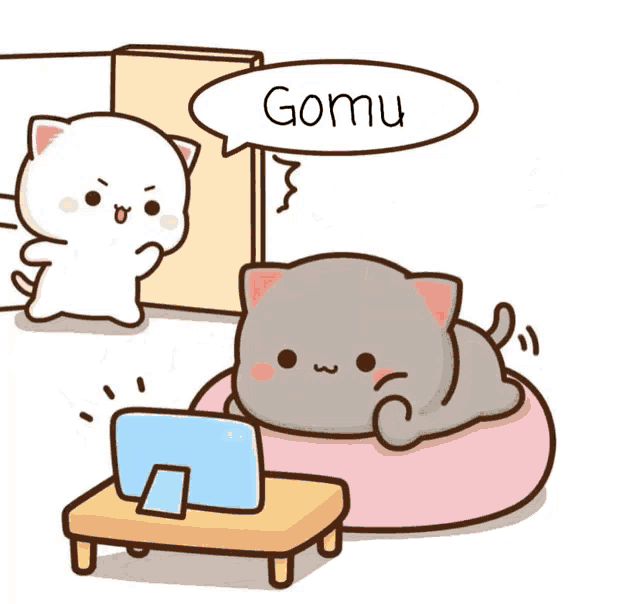 a cartoon of a cat talking to another cat who is laying on a bean bag chair