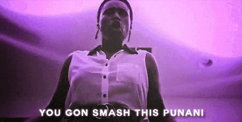 a woman in a white shirt is standing in front of a purple background and says `` you gon smash this punani '' .
