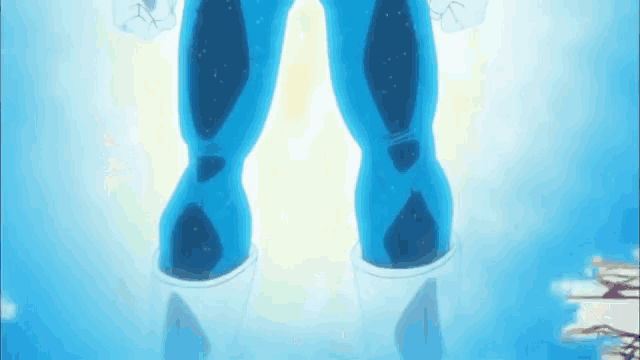 a close up of a person 's feet in a blue and white outfit .