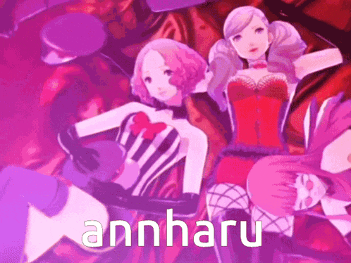 a purple background with three anime girls and the name annharu on it