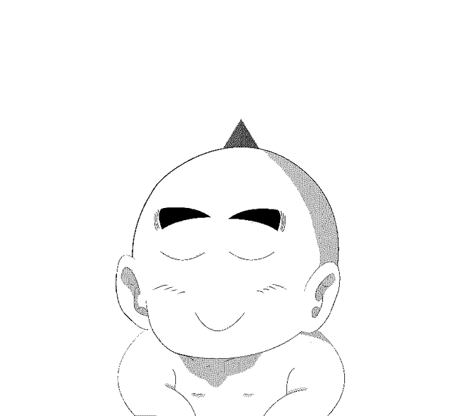 a black and white drawing of a bald man with his eyes closed and a pyramid above his head