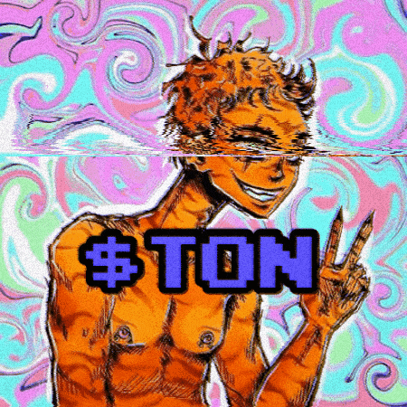 a drawing of a shirtless man giving a peace sign with the words #ton written below him