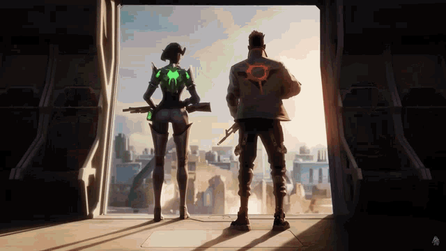 a man and a woman are standing next to each other in front of a window