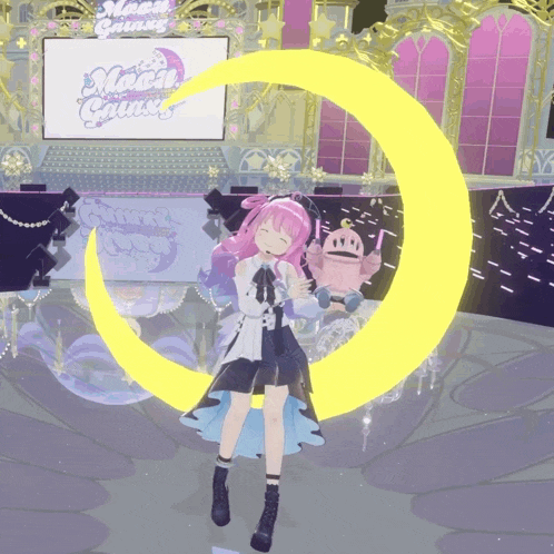 a girl with pink hair stands in front of a moon cruise sign