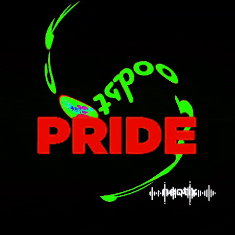 a logo for woodstock pride with rainbow colored stripes on a black background