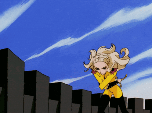 a cartoon drawing of a girl in a yellow suit