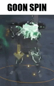 a video game character with a glowing skull on his head is standing in a circle in a dark room .
